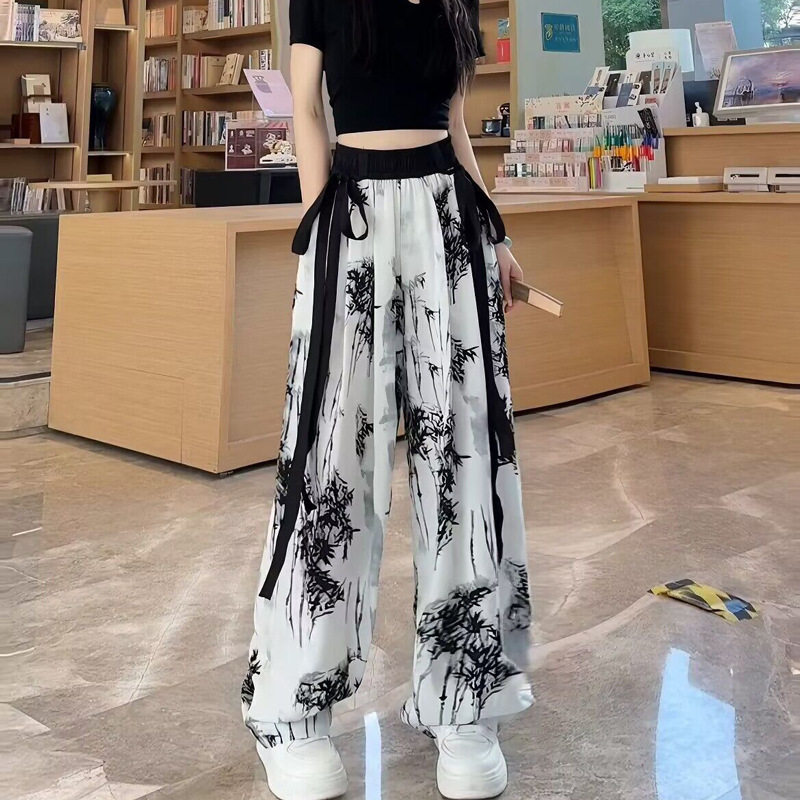 冰丝扎染雪纺阔腿裤高腰垂坠夏季薄款显腿长女款宽松直筒休闲遛弯