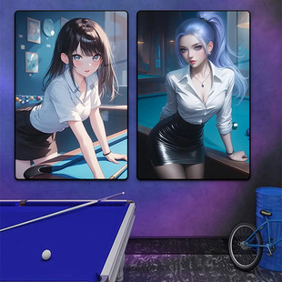 创意海报挂画桌球室网红墙面装 饰壁画 饰画动漫美女二次元 台球厅装