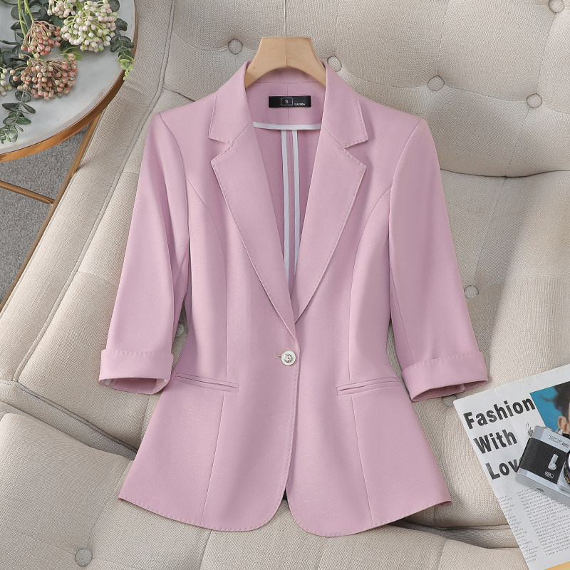 休闲时尚粉紫色小西装外套女春夏薄款高级感修身显瘦亮丝气质西服