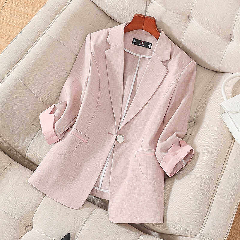 休闲气质薄款粉色小西装外套女夏季新款七分袖修身显瘦通勤小西服
