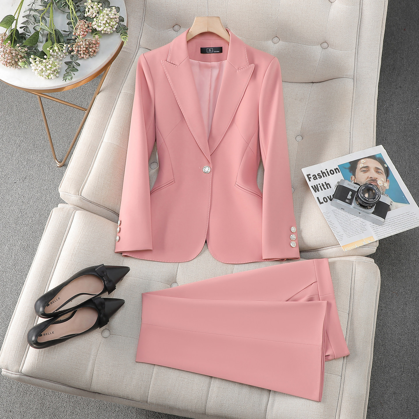 休闲时尚粉色西装套装女春秋干练气质轻熟风修身型通勤职业装西服