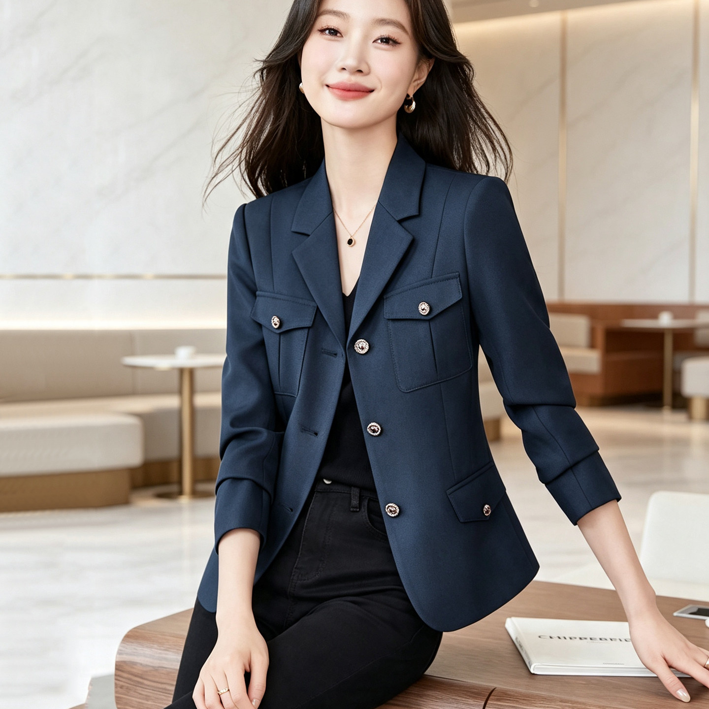 灰蓝短款女西装外套通勤百搭