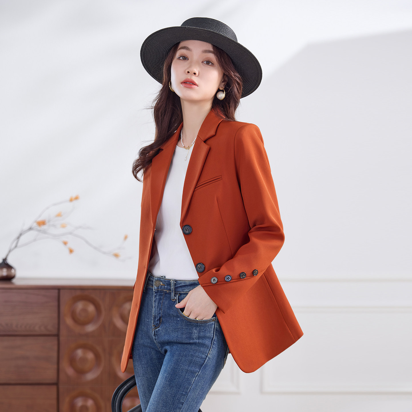 洋气时尚橘红色西装外套女春季新款三粒扣休闲通勤气质西服上衣,女装/女士精品,西装,淘宝优惠券,粉丝福利购,淘宝优惠卷