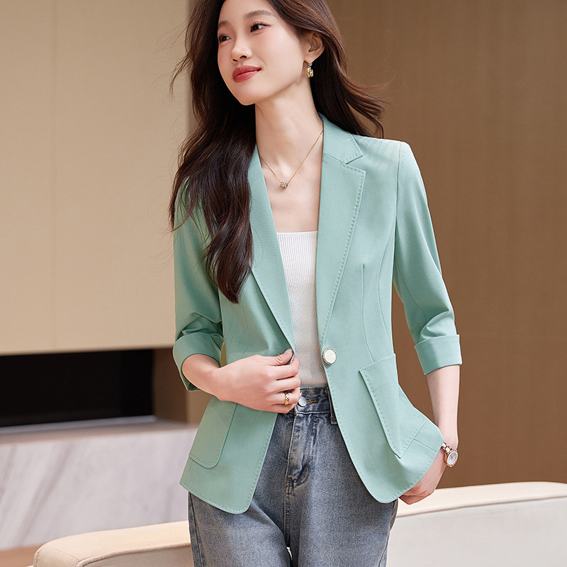 休闲时尚湖蓝色小西装外套女夏季薄款高级感修身气质七分袖西服