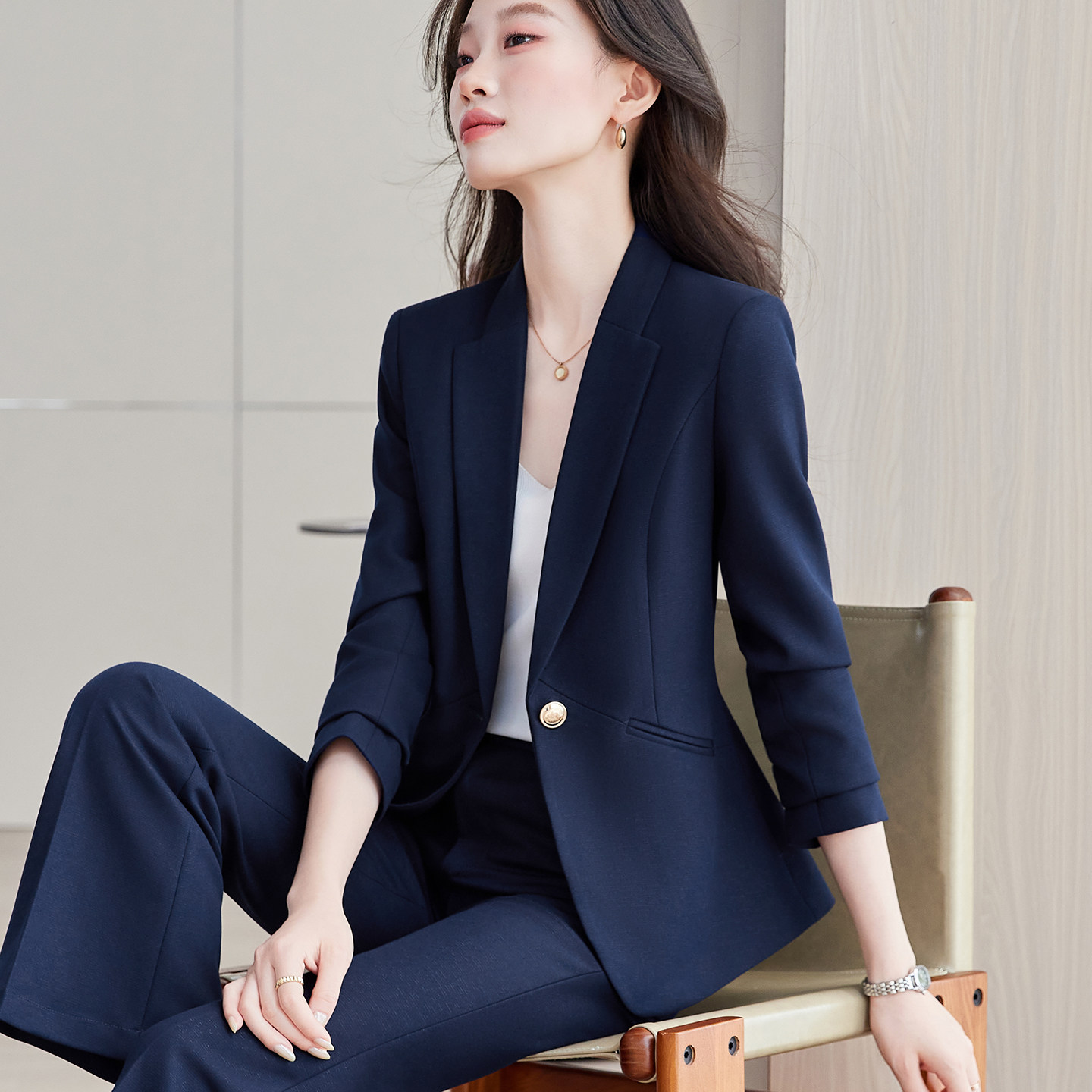 藏青蓝亮丝女西装套装面试正装