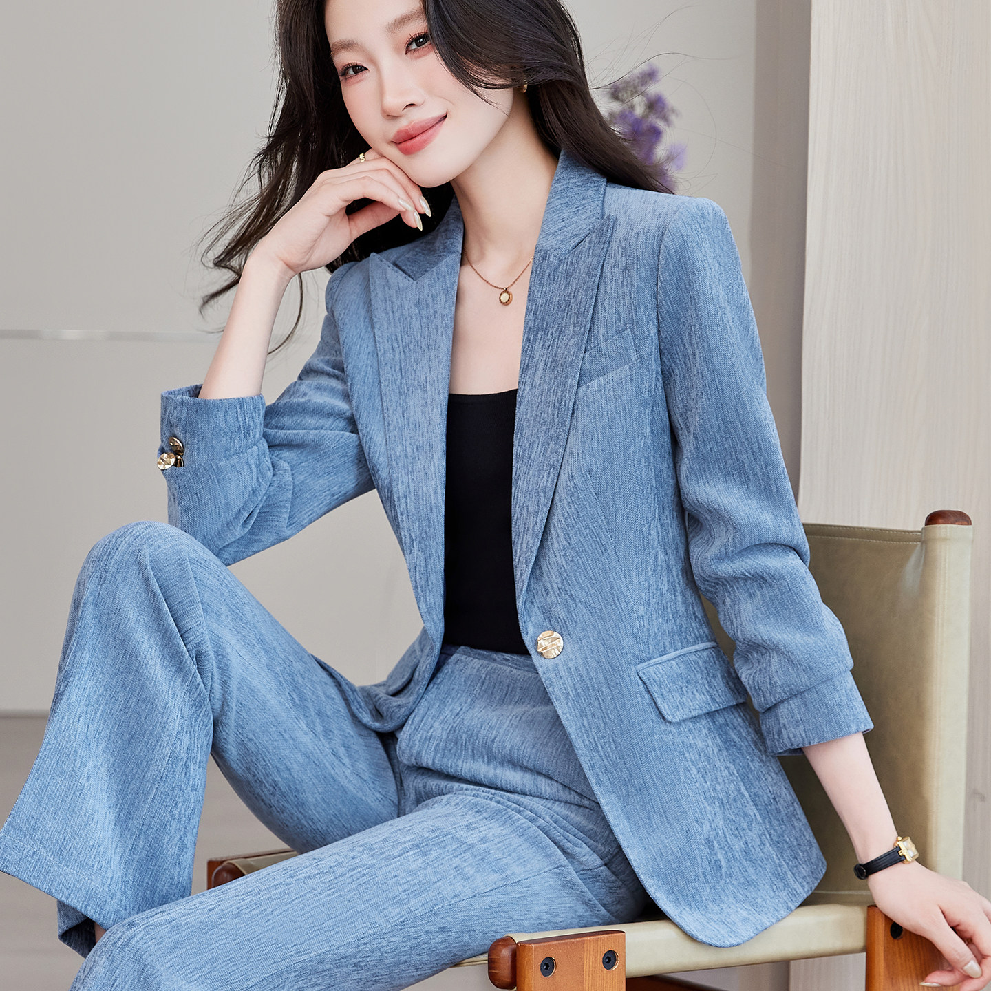 秋冬雪尼尔厚款雾霾蓝西装套装女