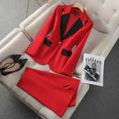 新款 轻奢高端时尚 女秋季 套装 年会主持撞色西服礼服 气质红色西装