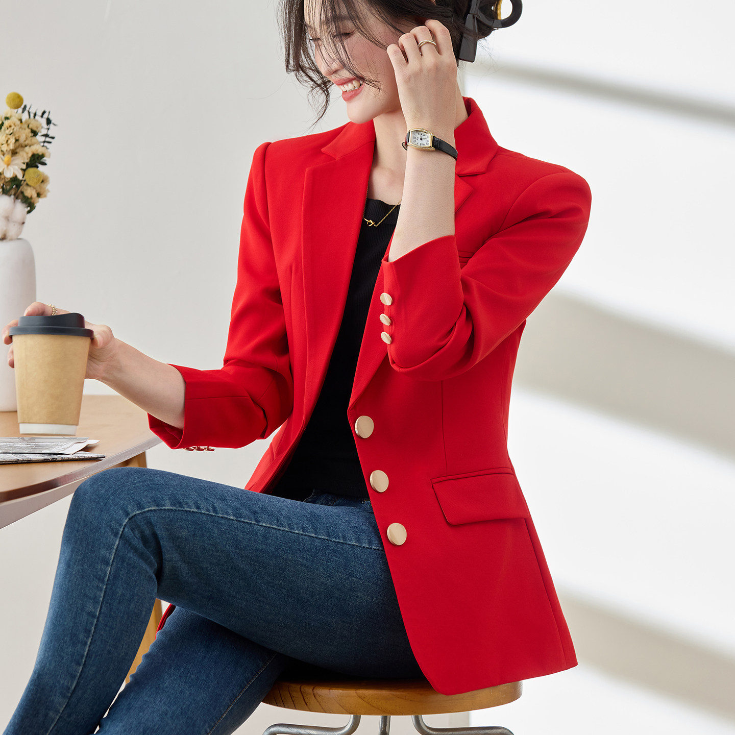 大红色本命年修身气质西装外套女