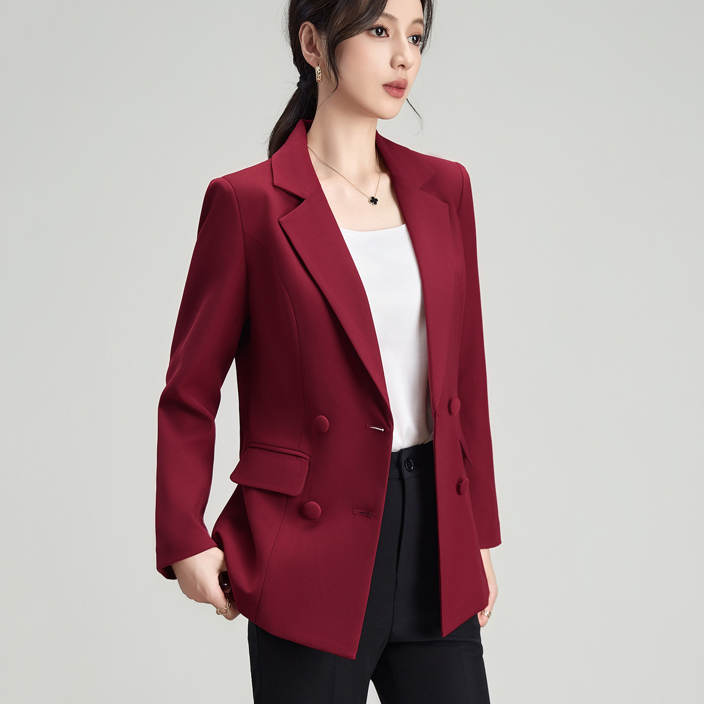 酒红色双排扣休闲通勤西装外套女