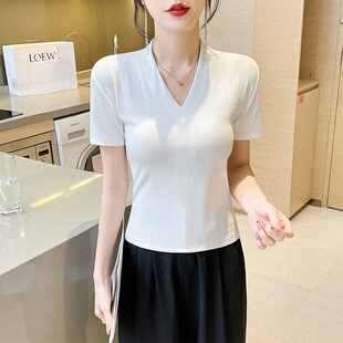 螺纹深VT恤女短袖2025新款低领紧身半袖设计感螺纹简约打底衫上衣