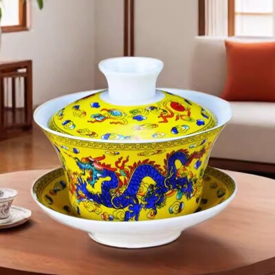 4.3寸复古黄双龙陶瓷盖红双龙泡茶碗单个手抓壶特色餐厅火锅 家用