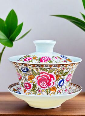 5寸大容量牡丹骨瓷手抓泡茶盖碗敬茶碗 青花功夫茶具沏茶杯包邮