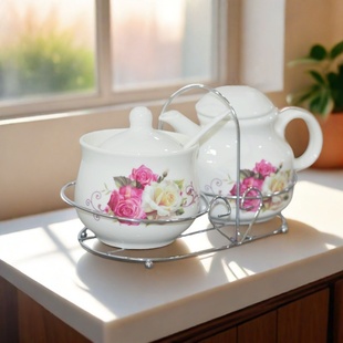 陶瓷油壶调料组合套装家用厨房盐罐糖罐带铁架收纳醋壶饭店食堂