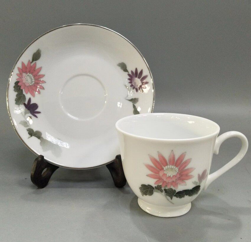 醴陵老瓷器群力瓷厂60年代生产手绘菊花杯碟含大球泥茶杯原装正品
