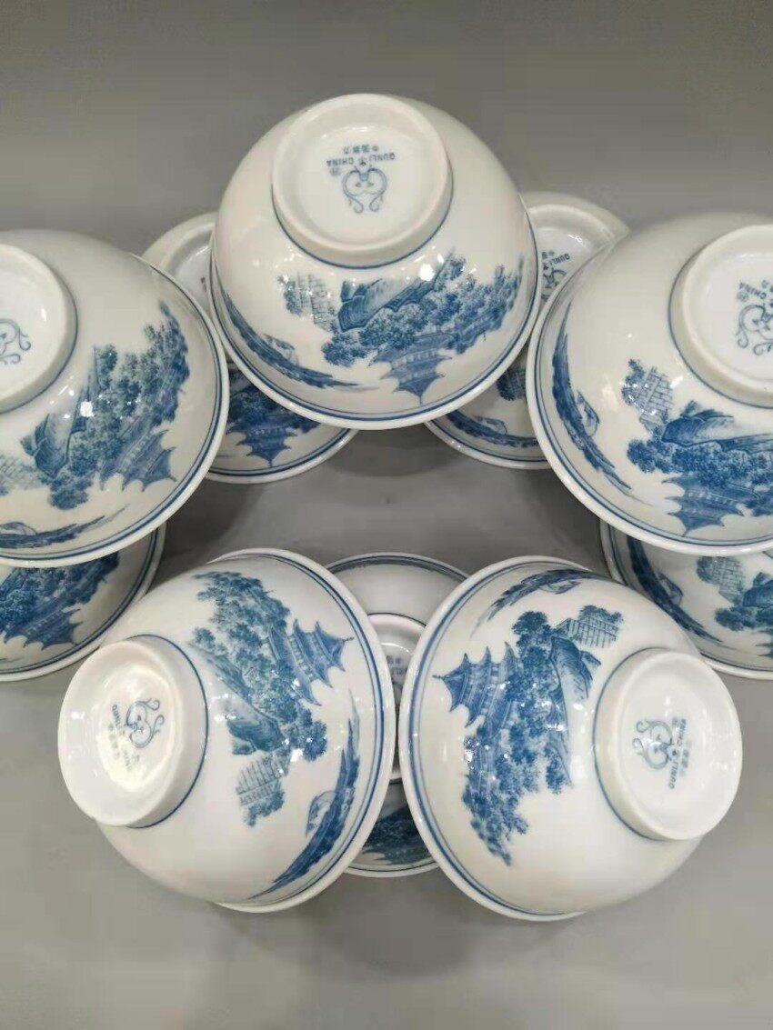 醴陵群力老瓷器90年代釉下彩岳阳楼花12厘米饭碗原装原厂一级品