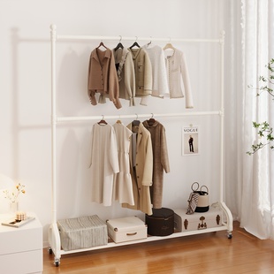 双层挂衣架卧室落地奶油风移动铁艺家用晾衣架收纳衣服衣帽架双杆