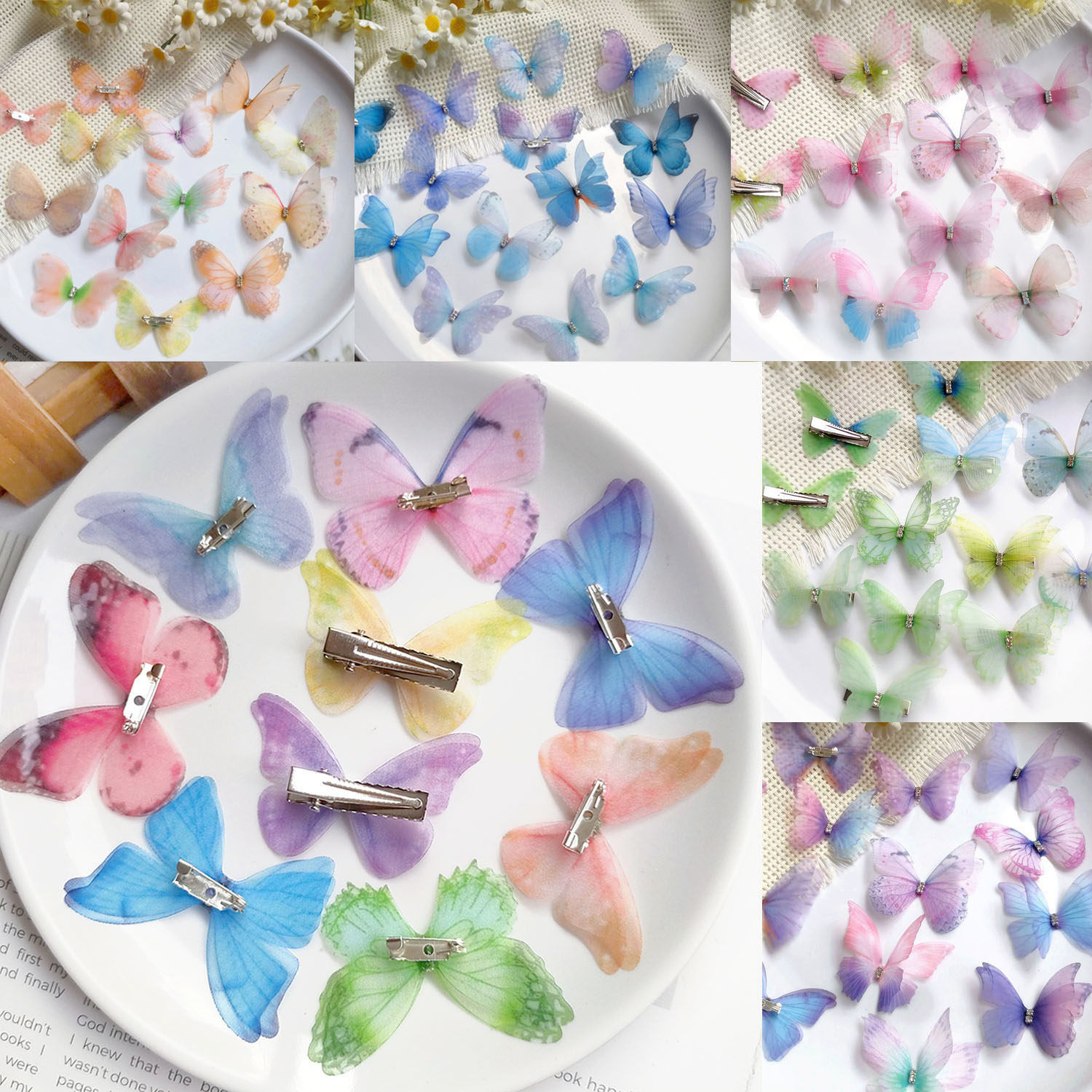 10只双层立体薄纱蝴蝶发夹别针胸针窗帘装饰配件diy小蝴蝶头饰