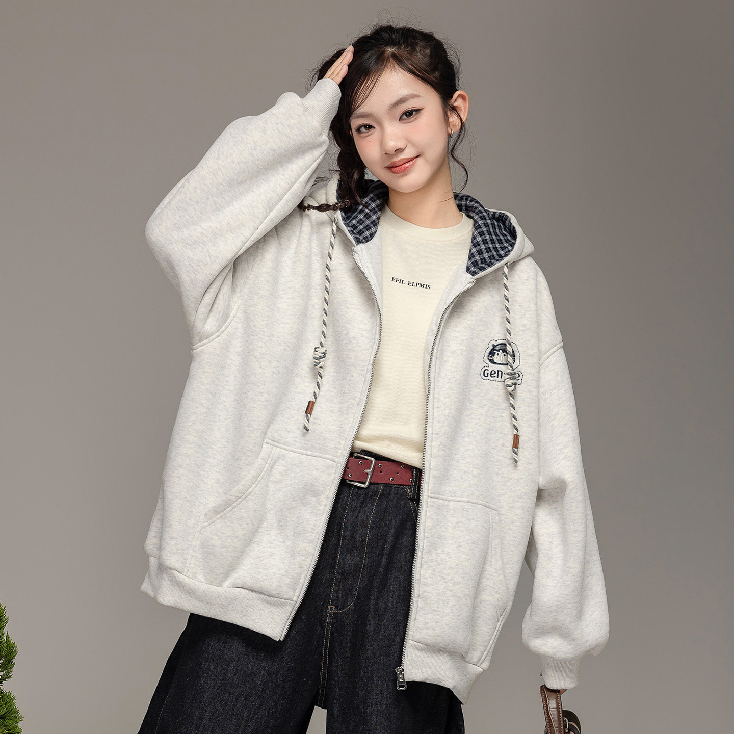 少女学院风连帽卫衣女加绒加厚宽松拉链开衫外套休闲上衣初中生冬