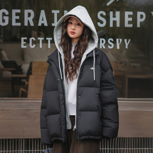 初中生羽绒服女冬季加厚连帽假两件短款面包服少女大童白鸭绒外套