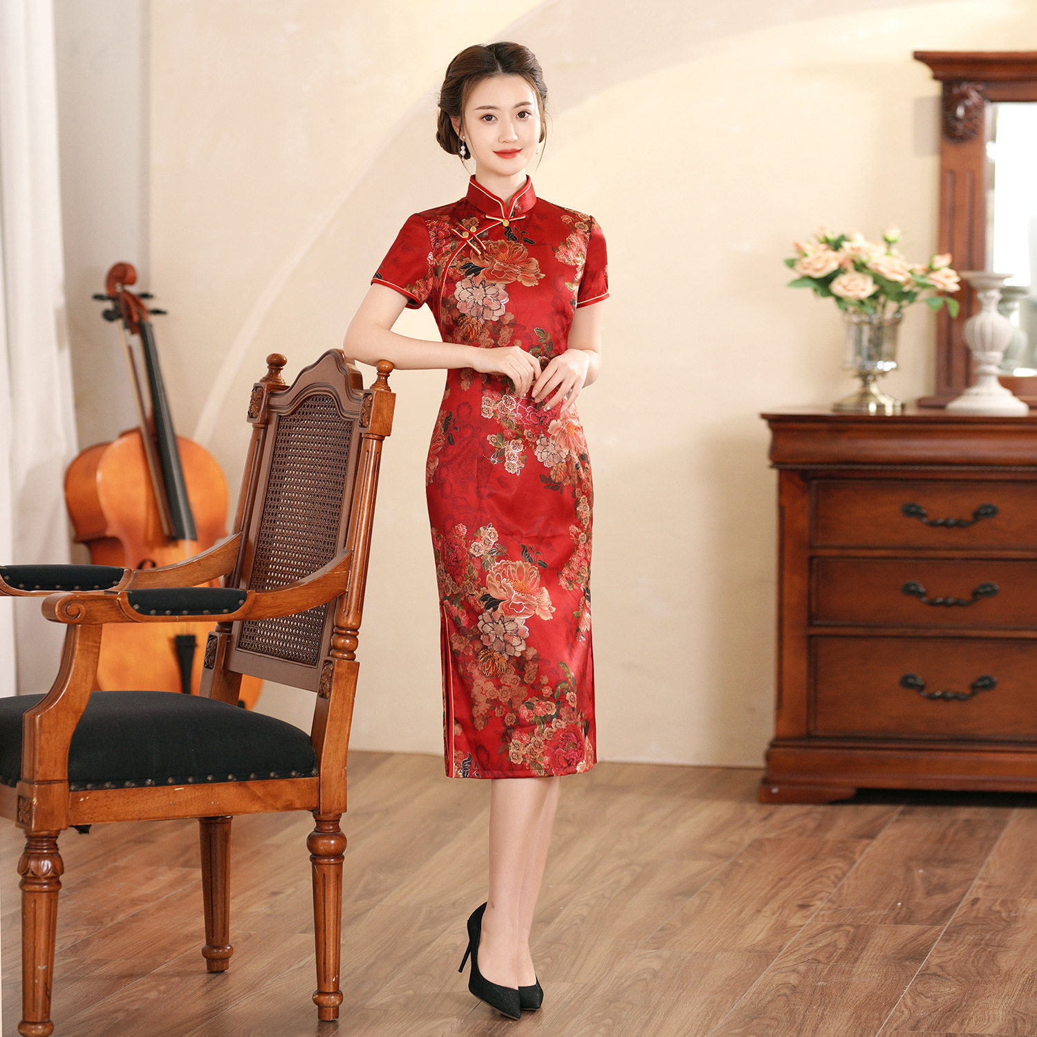 2026新款中长款旗袍夏季女复古短袖婚宴妈妈装日常改良版连衣裙高