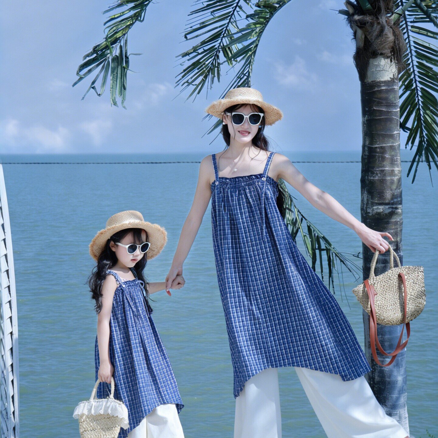 2026新款亲子装母女连衣裙夏季无袖格纹度假风韩版纯棉海边出游长