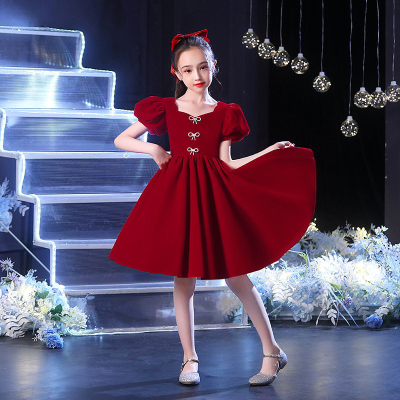 2026新款女童公主裙儿童生日礼服女孩洋气红色主持人花童钢琴演出