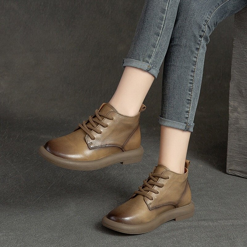 2026新款上海杰骤秋平底圆头擦色复古高帮现货舒适头层牛皮女鞋百