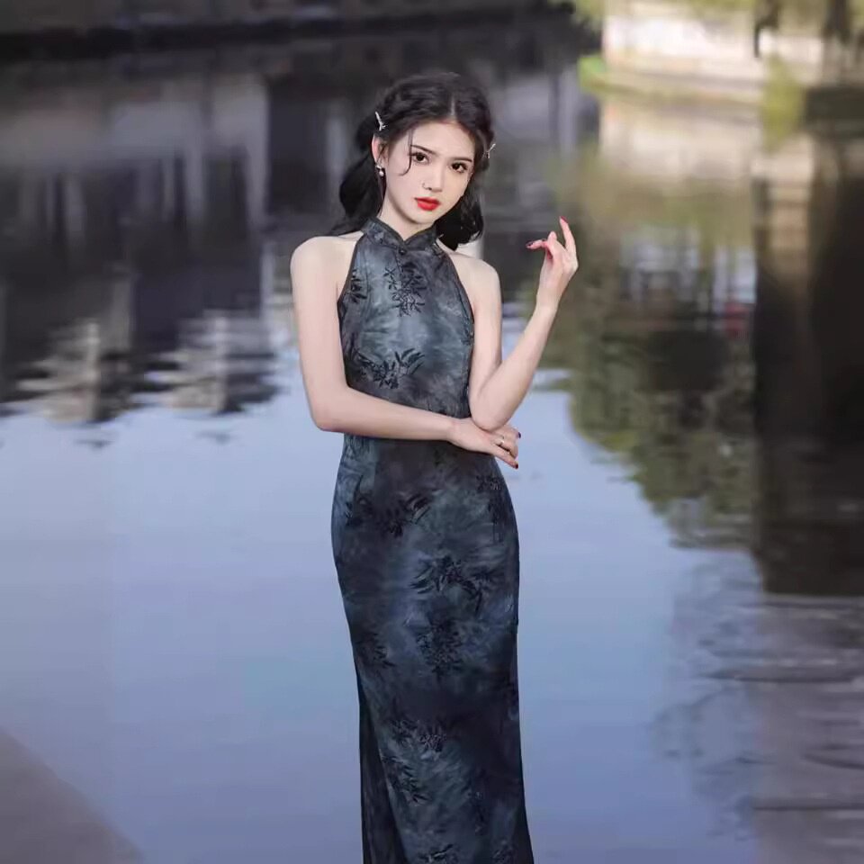 2026新款春夏网纱扎染挂脖中长款旗袍单层无袖漏肩气质修身旗袍高