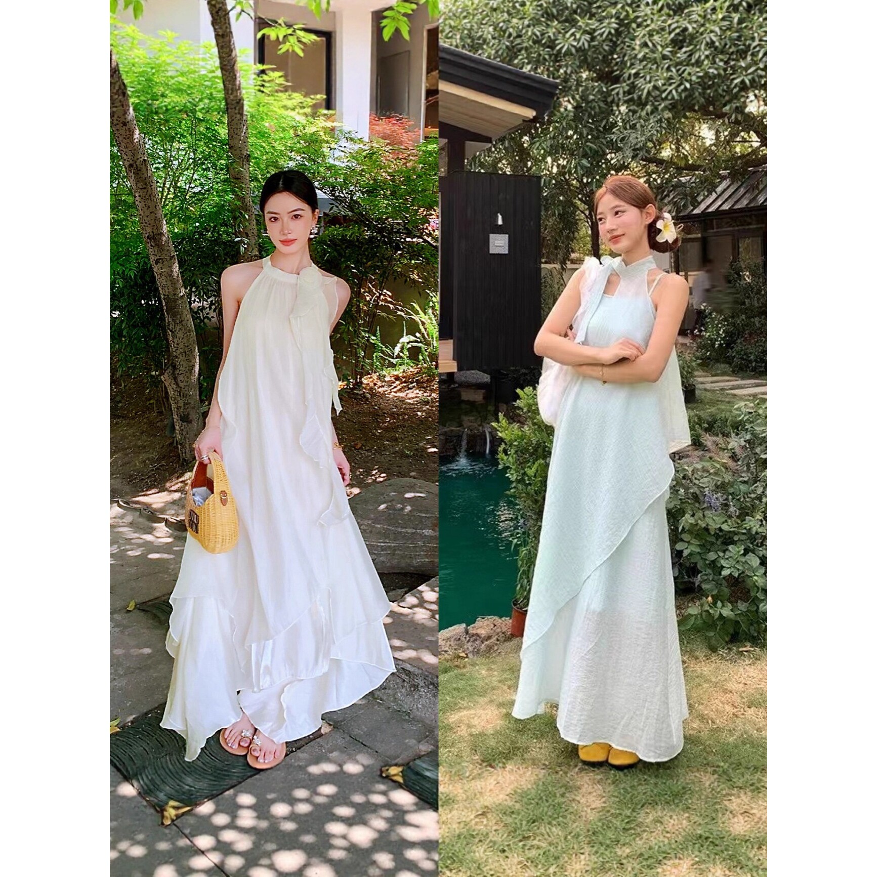 2026新款女荷叶边显瘦花朵露肩挂脖夏季连衣裙背心裙气质法式吊带