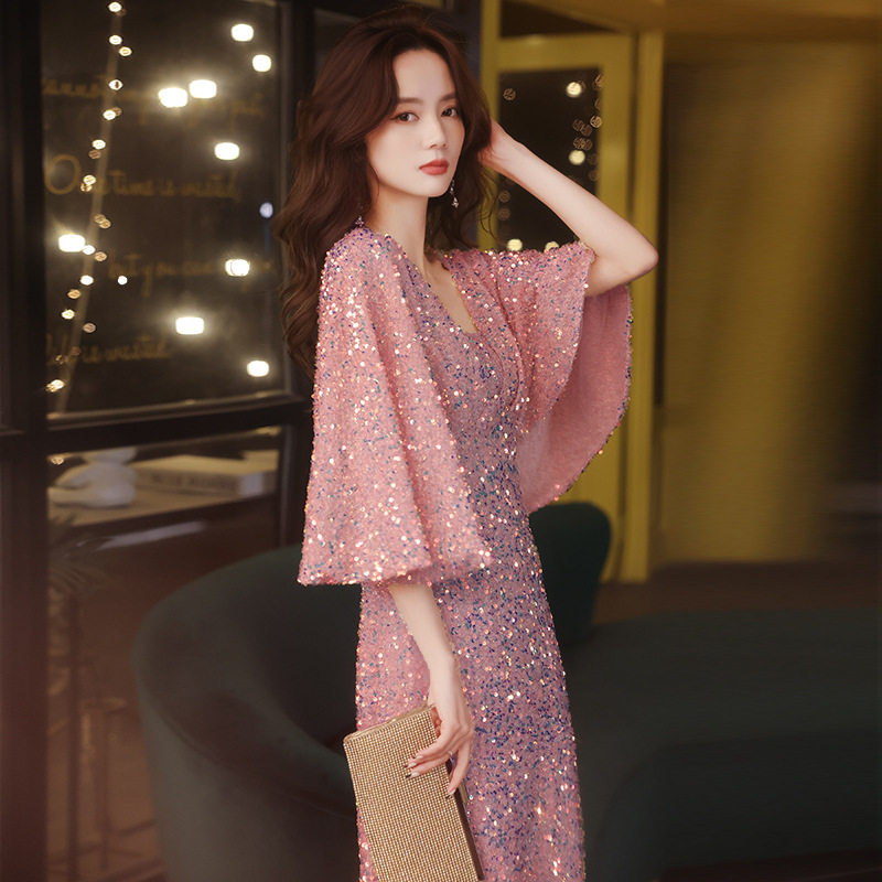 2026新款小晚礼服裙女夏气质名媛粉色宴会聚会生日派对主持连衣裙