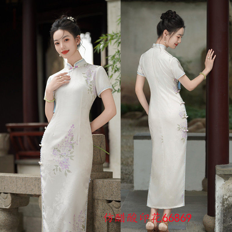 2026新款中国风仿醋酸印花旗袍夏季复古风中式素雅年轻女士旗