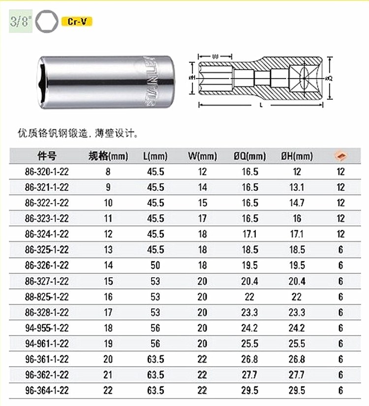 史丹利10MM公制6角长套筒86-320/321/322/323/324/325/326-1-22