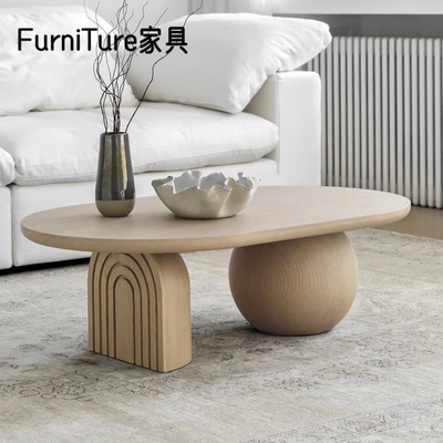 实木椭圆茶几复古侘寂北欧椭圆茶几小户型圆茶几中古实木茶几茶桌
