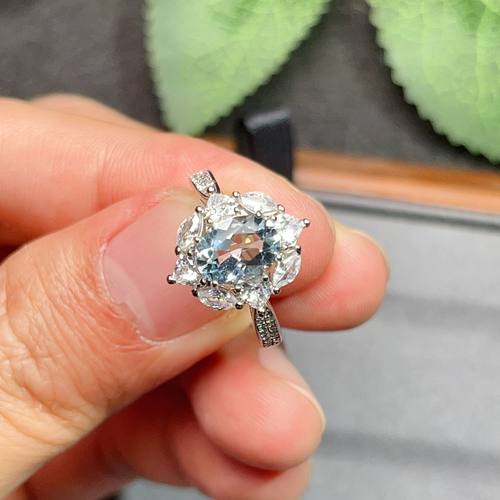 天然海蓝宝戒指女925银可定同款k金轻奢设计感法式复古高级水鸭蓝