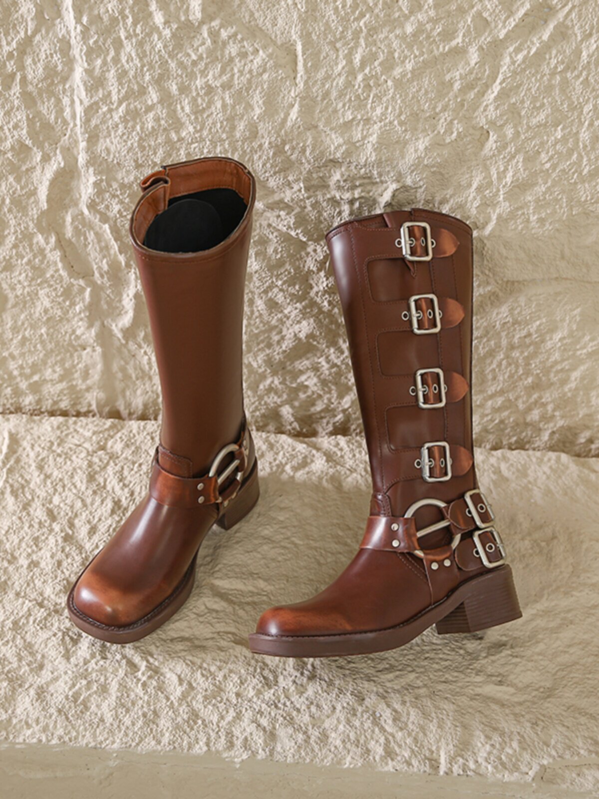 미우 나이트 부츠 벨트 버클 두꺼운 뒤꿈치 마틴 부츠 여성  가죽 레트로 무릎 부츠 웨스턴 카우보이 부츠