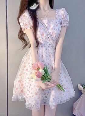 法式奶甜碎花公主裙子收腰别致绝美初恋温柔风泡泡袖蓬蓬连衣裙夏