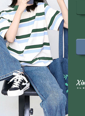 条纹白色短袖t恤女夏日多巴胺穿搭新款小众微胖显瘦法式别致上衣
