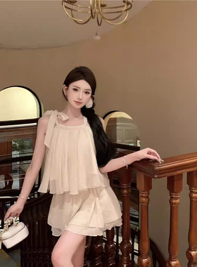 实拍~纯欲风小众气质宽松皱花系带上衣+裙裤套装女2024夏季新款