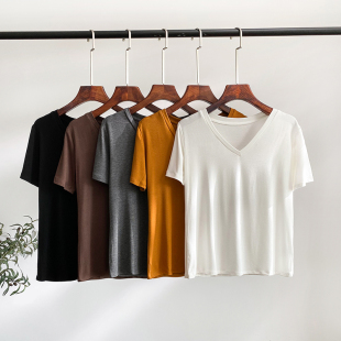 咖色上衣 V领白色短袖 女t恤基础款 2021年新款 夏宽松鸡心领打底衫