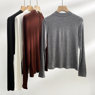 天丝羊毛半高领打底衫女长袖T恤2025新款修身显瘦内搭立领上衣