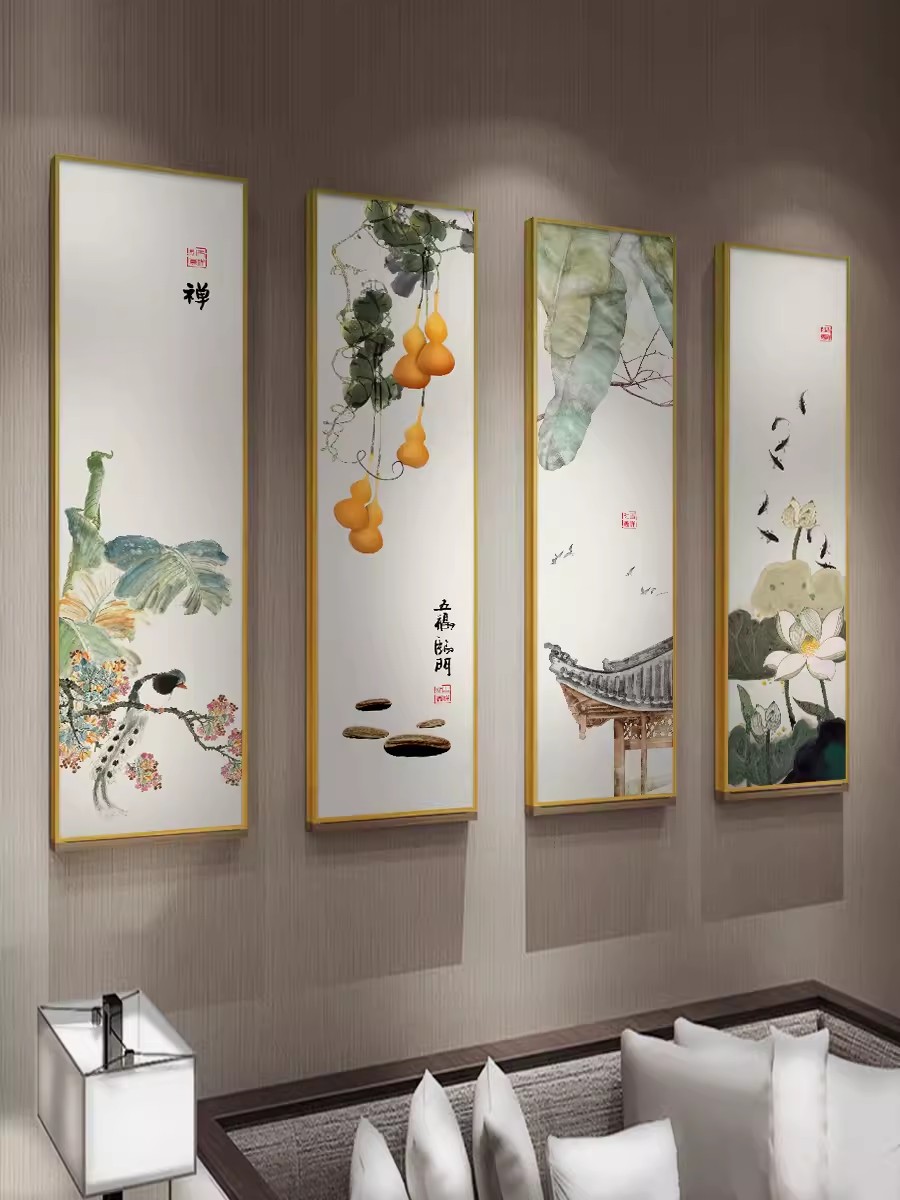 新中式客厅装饰画沙发背景墙四连壁画餐厅植物花卉挂画餐桌墙面画图片