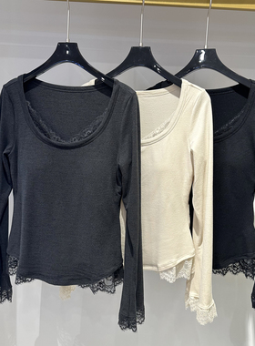 冬季新款花边领撞色高弹力保暖上衣带杯垫免穿文胸长袖外穿内搭女