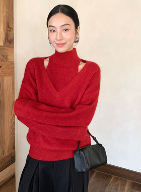 FONE简禾2025冬季氛围感假两件高领软糯兔毛长袖保暖毛衣女58625