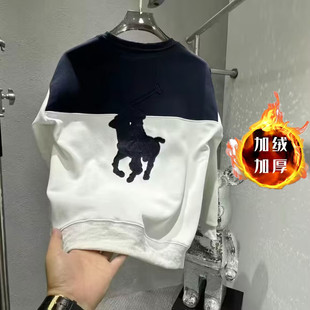 秋冬季新款战马圆领加绒加厚卫衣男女同款复古刺绣拉链拼色外套
