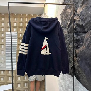 秋冬开衫连帽网红帆船四条杠针织毛衣外套男女情侣款潮牌欧货上衣