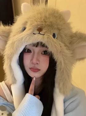可爱卡通耳朵会动小羊加厚保暖毛绒帽子女冬季防寒护耳网红雷锋帽