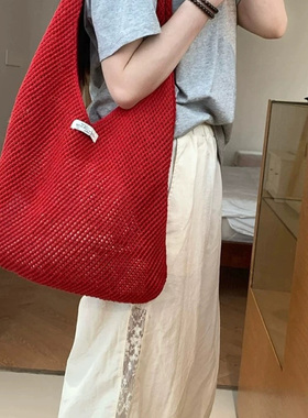 夏季慵懒风镂空编织包包小众设计复古红色大容量单肩托特包沙滩包