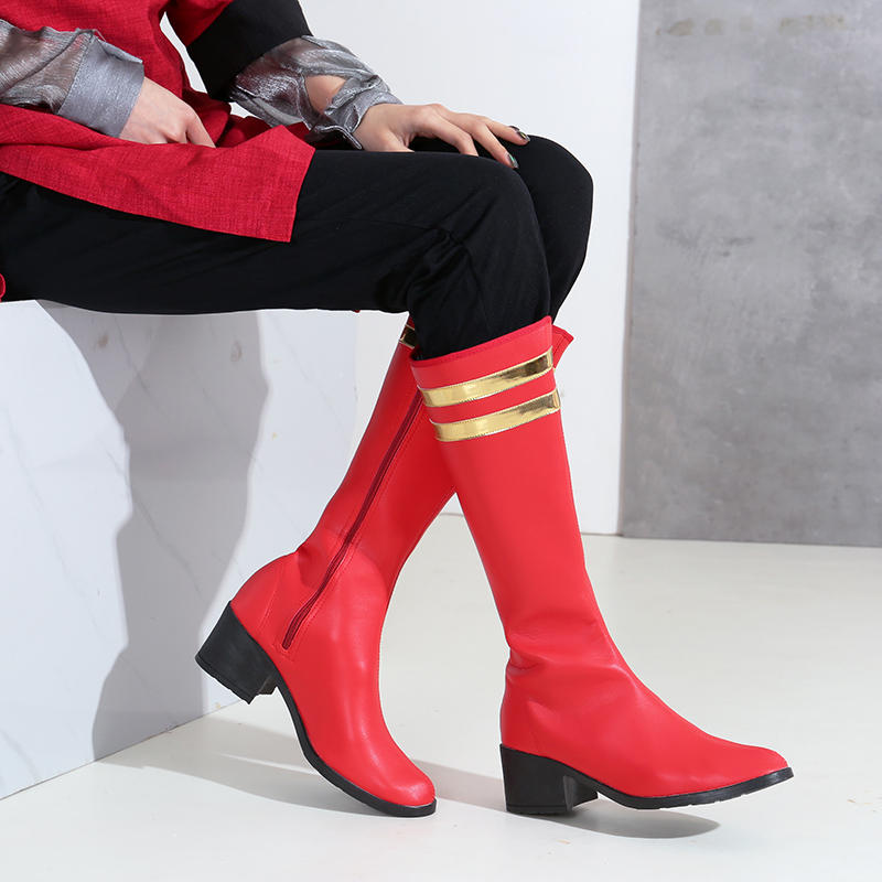 七彩花舞红色蒙古靴民族舞蹈高跟演出靴鞋高筒马靴男女款定做蒙靴