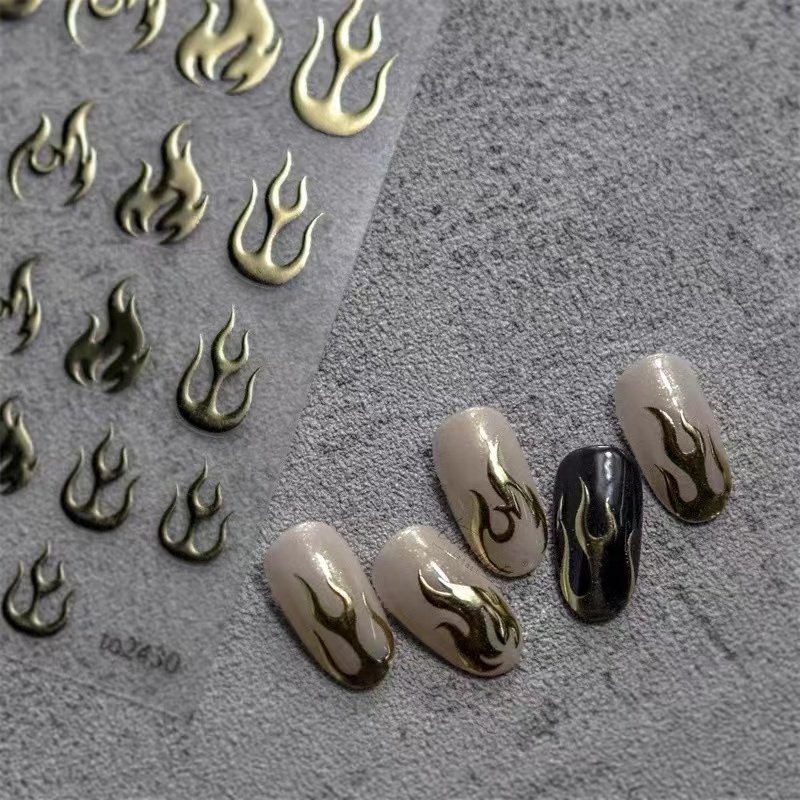 新款烫金银色火焰日系复古美甲贴纸5d立体百搭背胶指甲贴装饰