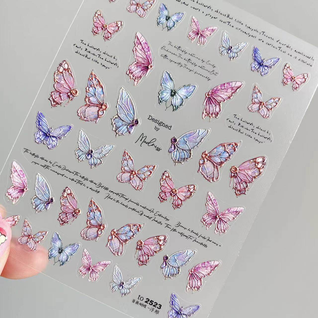 蔷薇蝴蝶美甲立体浮雕tomoni水彩蓝粉薄韧翅膀英文背胶指甲贴花